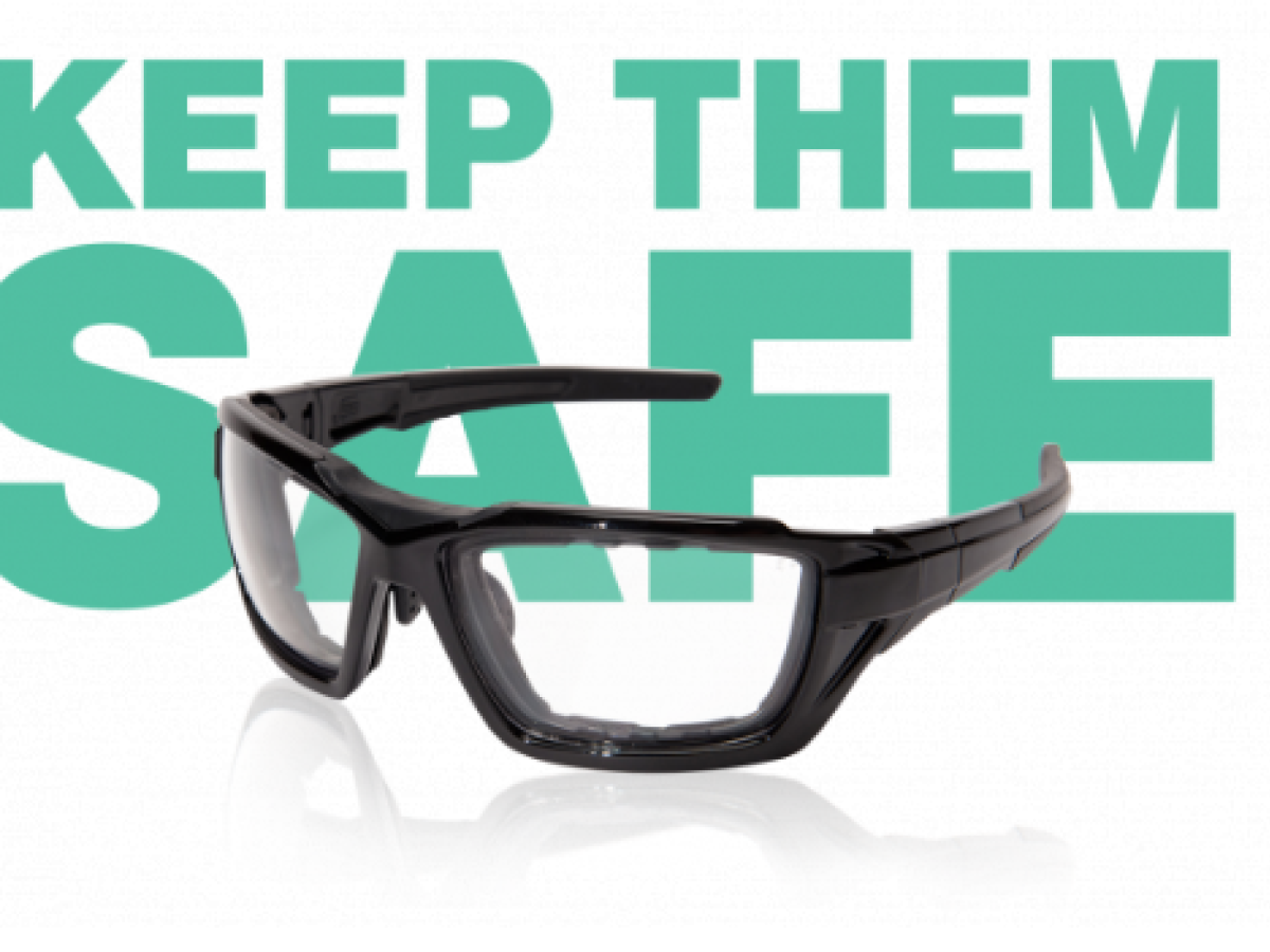 Word Keep them safe and an image of safety glasses.
