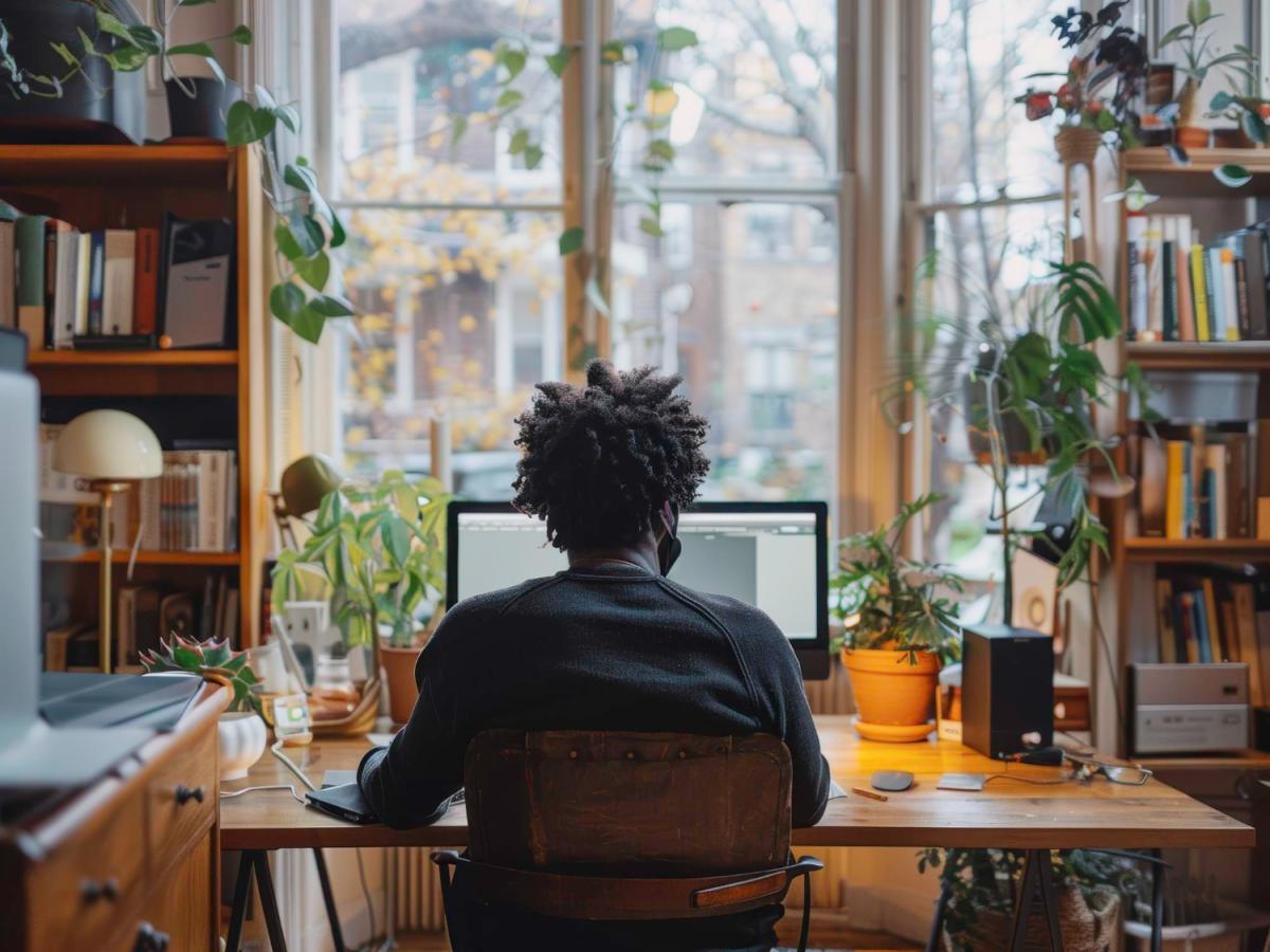 person on computer with plants